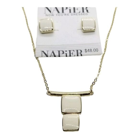 Napier Jewelry - Napier Set Earrings Necklace Square Cream Gold Necklace Earrings